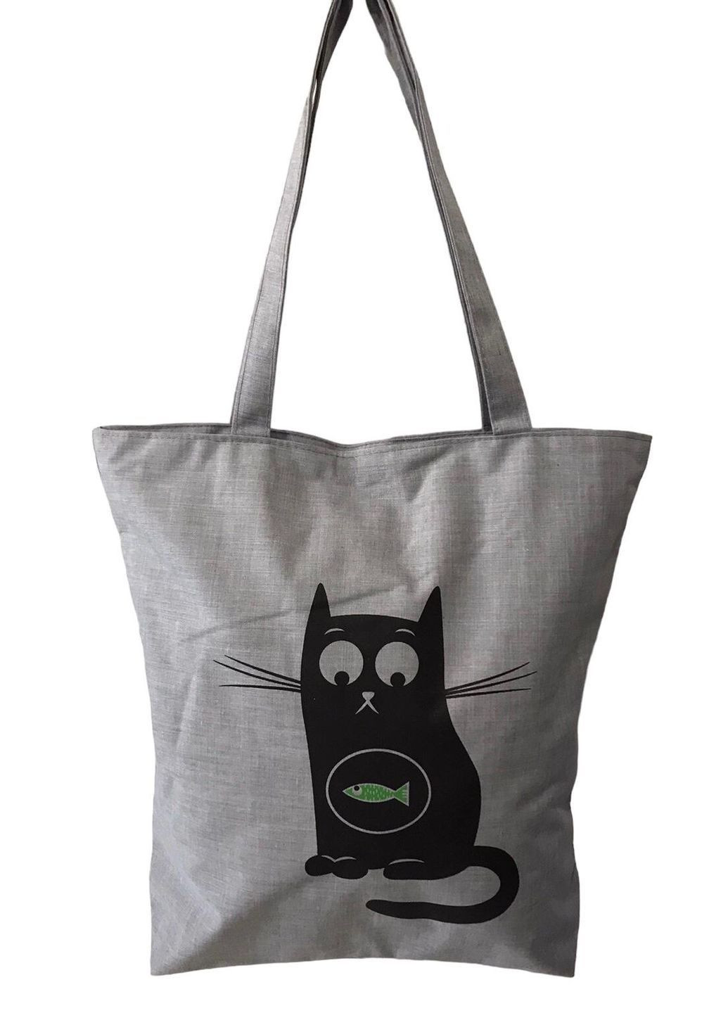 Сумка шопер жіноча з тканини повсякденна на блискавці 026 сіра кіт з рибкою No Brand (370153817)
