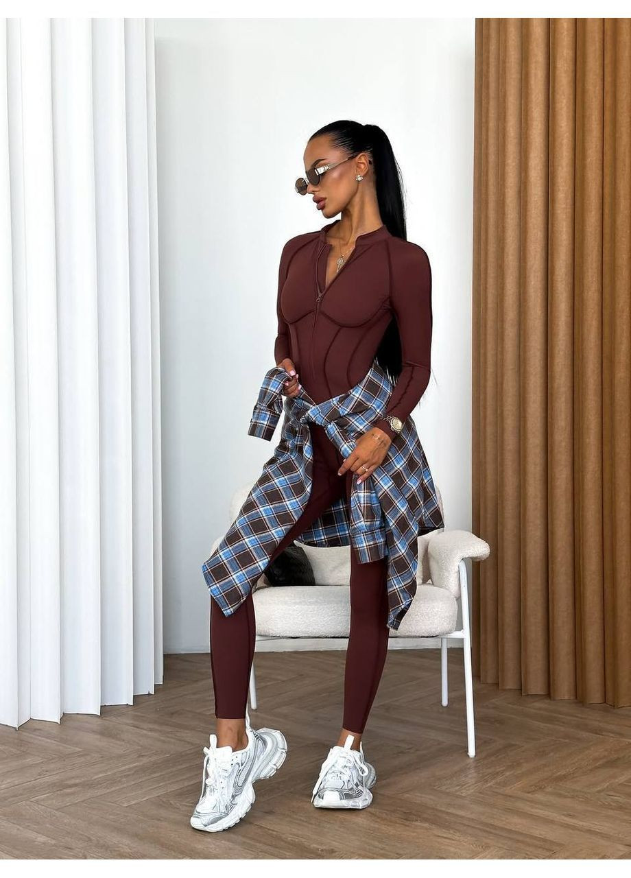 Жіночий комбінезон з відкритою спиною MonCher комбінезон-брюки темно-коричневий спортивний