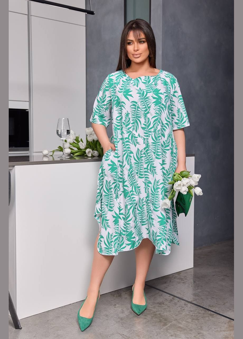 Зелена жіноча сукня із софту колір білий-зелений р.50/52 453418 New Trend