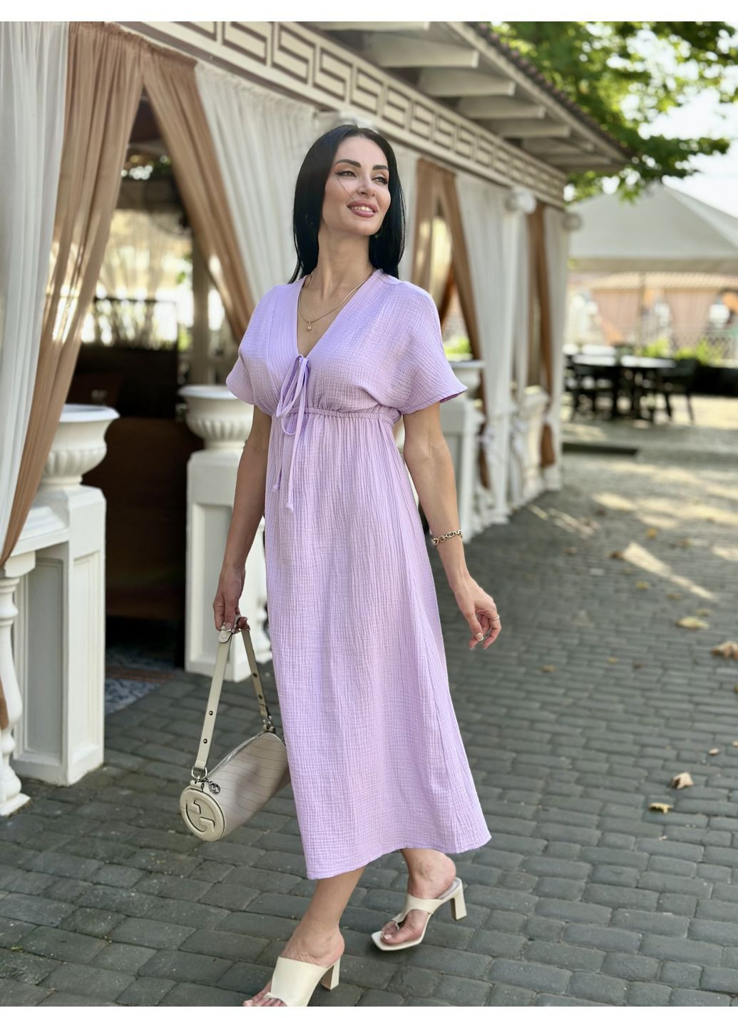 Бузкова жіноча довга літня сукня з мусліну легка із завищеною талією розмір gf58774 No Brand