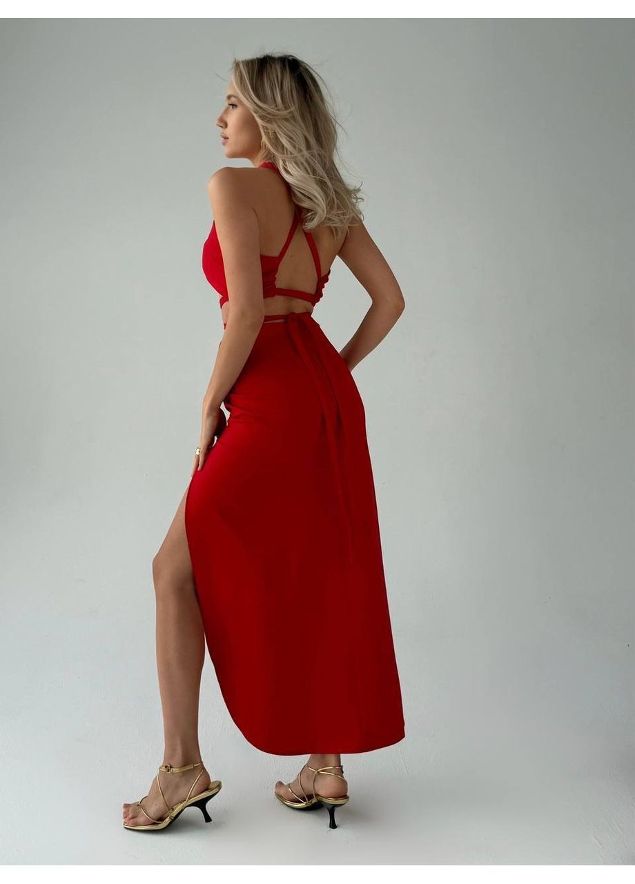 Червона кежуал жіночий комплект із відкритим топом та спідницею No Brand однотонна