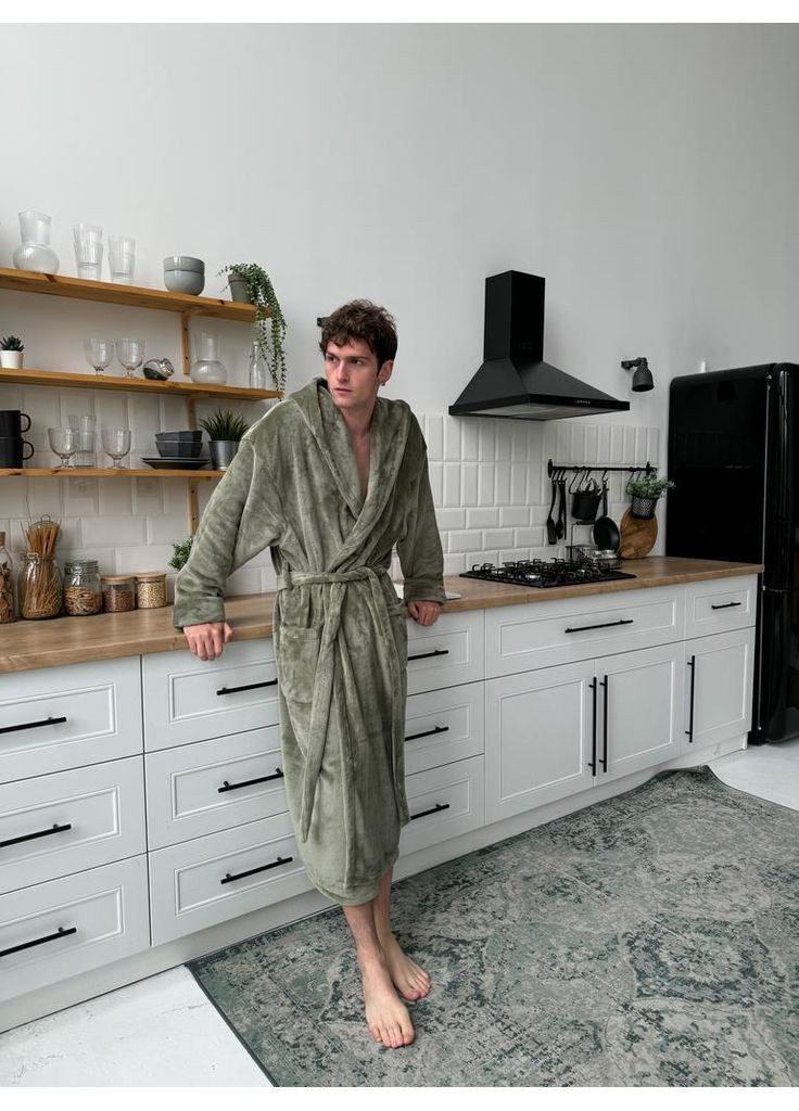 Мужской халат плюш с капюшоном, оливка - Oversize Lavender Dreams (368670433)