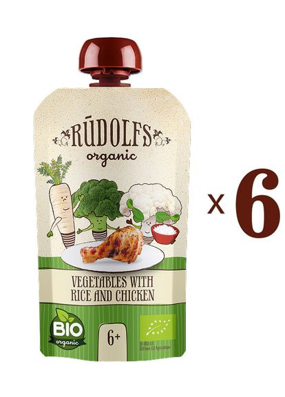 Набір пюре Pouch Овочі з рисом та куркою, 660 г (6 уп. по 110 г) Rudolfs 14751017942717 (335973932)