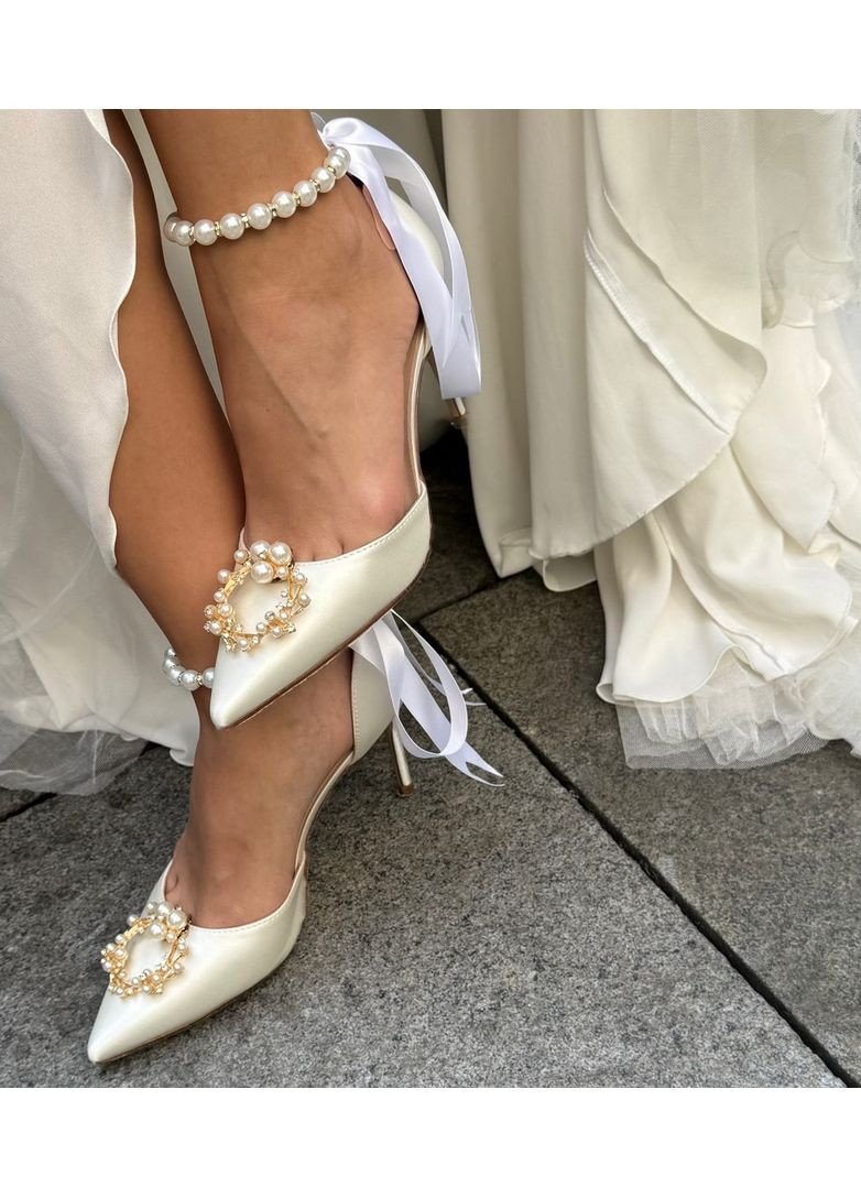 No Brand Женские туфли свадебные атласные и ремешком жемчуг и брошью 7,5 см. белый з текстиль, — (351394529)