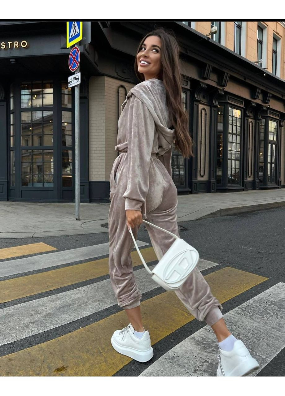 Женский спортивный костюм из велюра Україна комбинезон-брюки однотонный бежевый кэжуал велюр