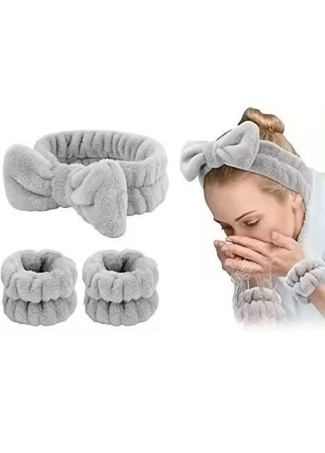 Набор косметическая повязка на голову и умывающие напульсники, серый No Brand (299330060)