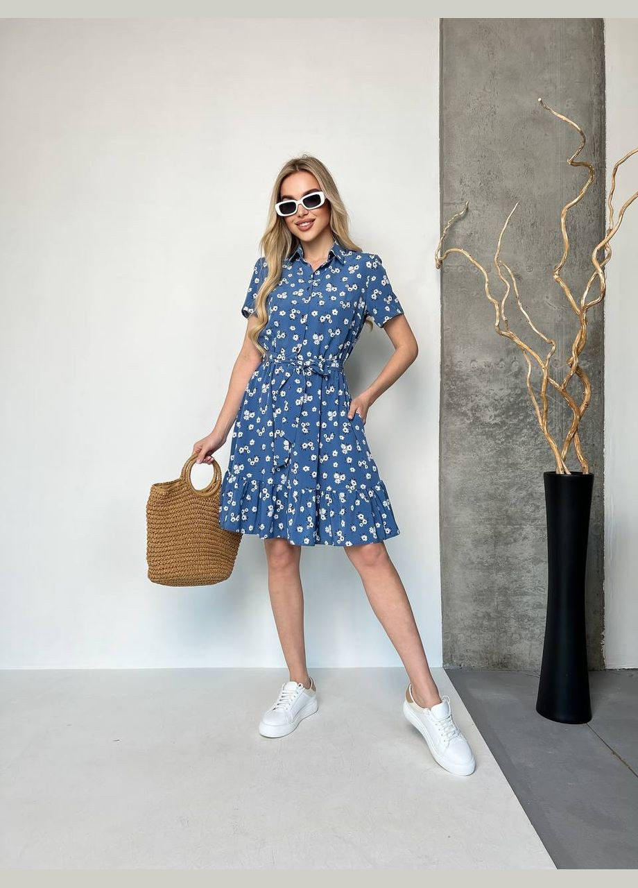 Синя повсякденний літня сукня з візерунком та воланом MonCher з квітковим принтом