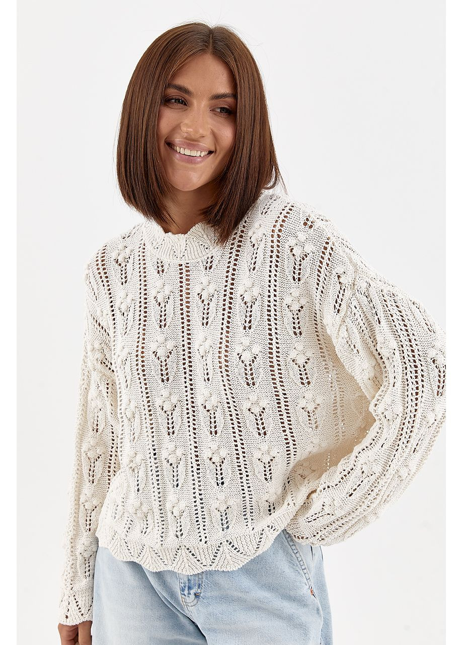 Молочный демисезонный женский свитер из ажурной вязки - молочный цвет Lurex