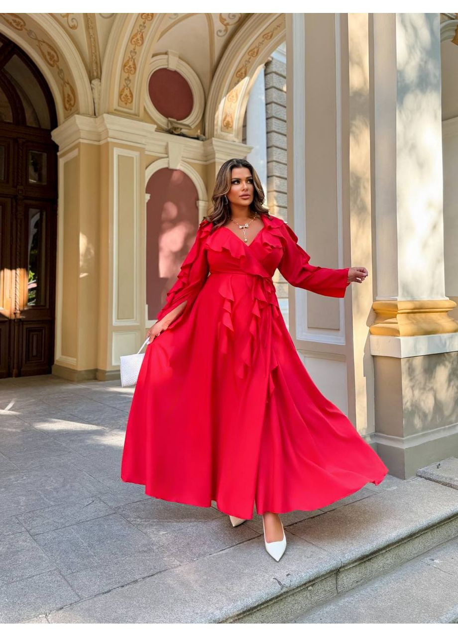 Червона святковий, коктейльна, вечірня довга сукня з воланами а-силует Україна однотонна