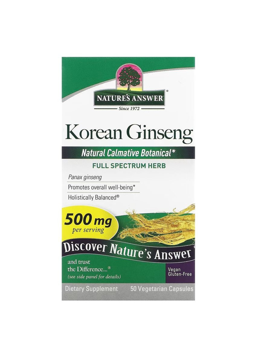 Корейський женьшень, 500 мг, Korean Ginseng,, 50 вегетаріанських капсул Nature's Answer (322741292)