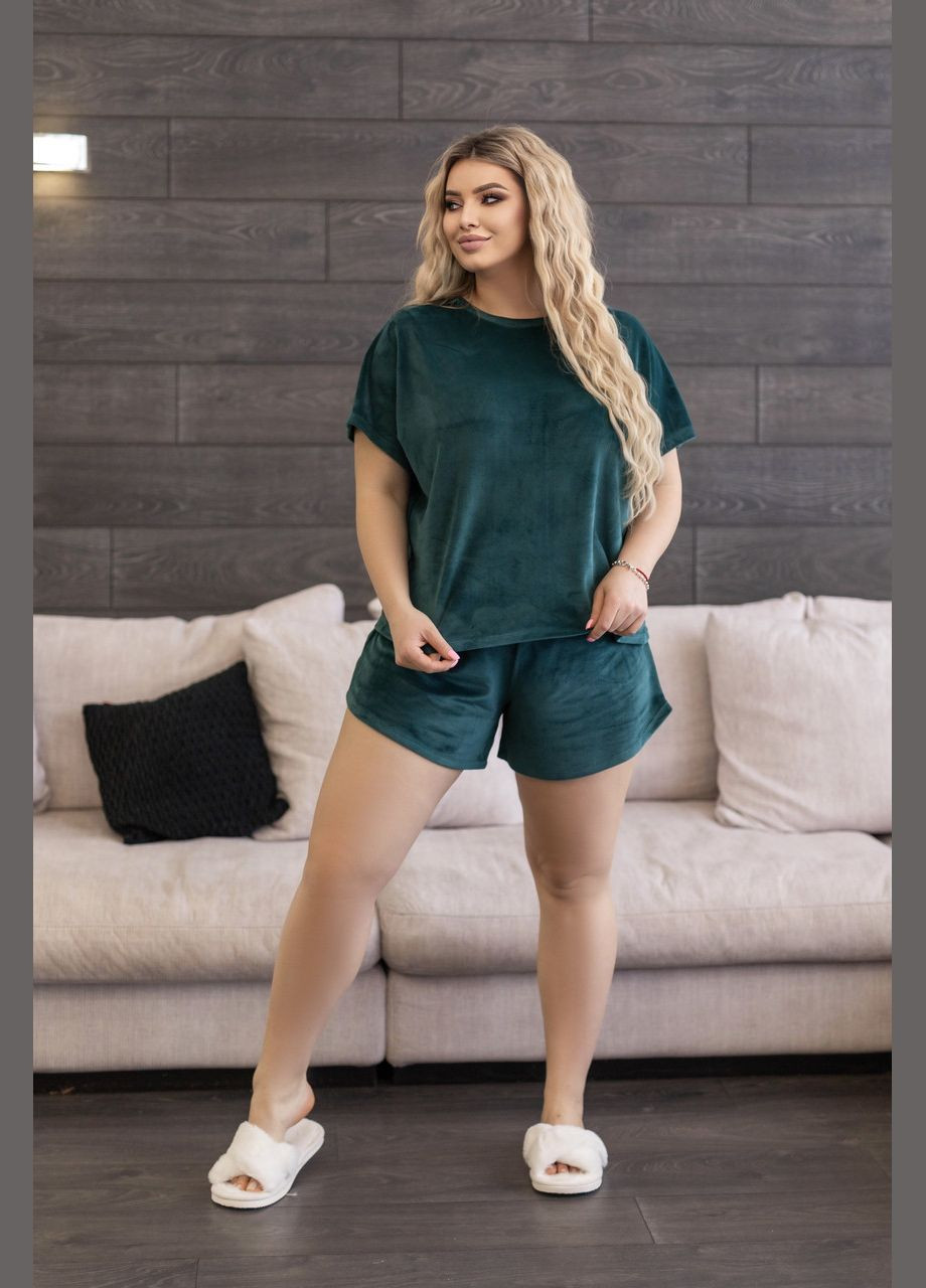 Изумрудная всесезон велюровая пижами двойка (футболка и шорты) Fashion Girl