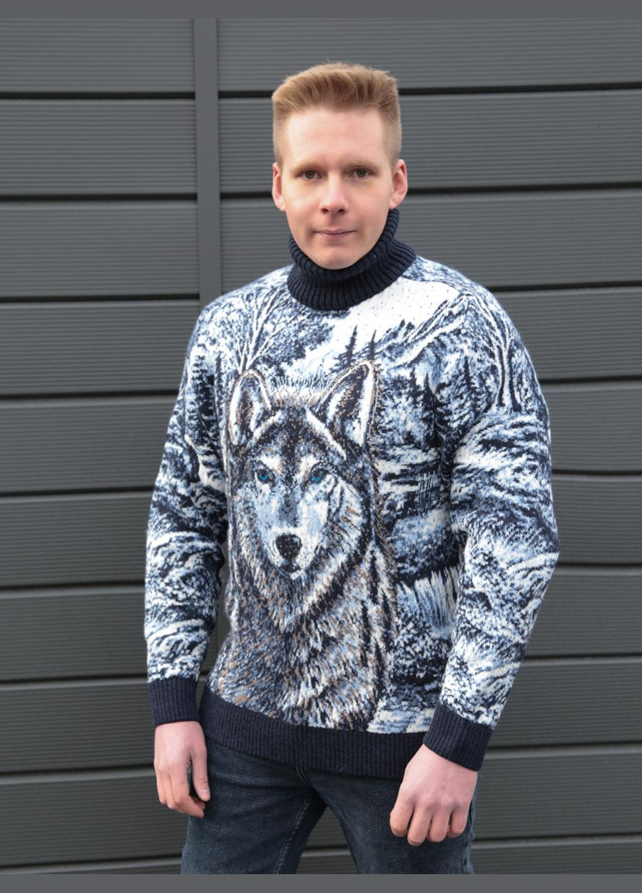 Темно-синий зимний свитер мужской синий зимний с волком большой размер Pulltonic Пряма
