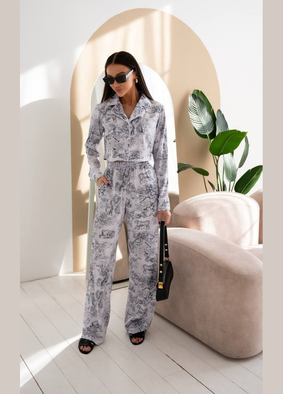 Женский костюм с кроп-топом и широкими брюками из искусственного шелка. MonCher (334676405)