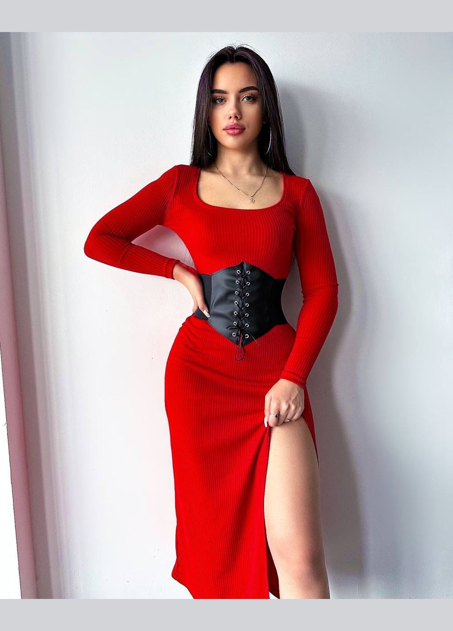 Красное повседневный женское платье с корсетом трикотаж в рубчик No Brand