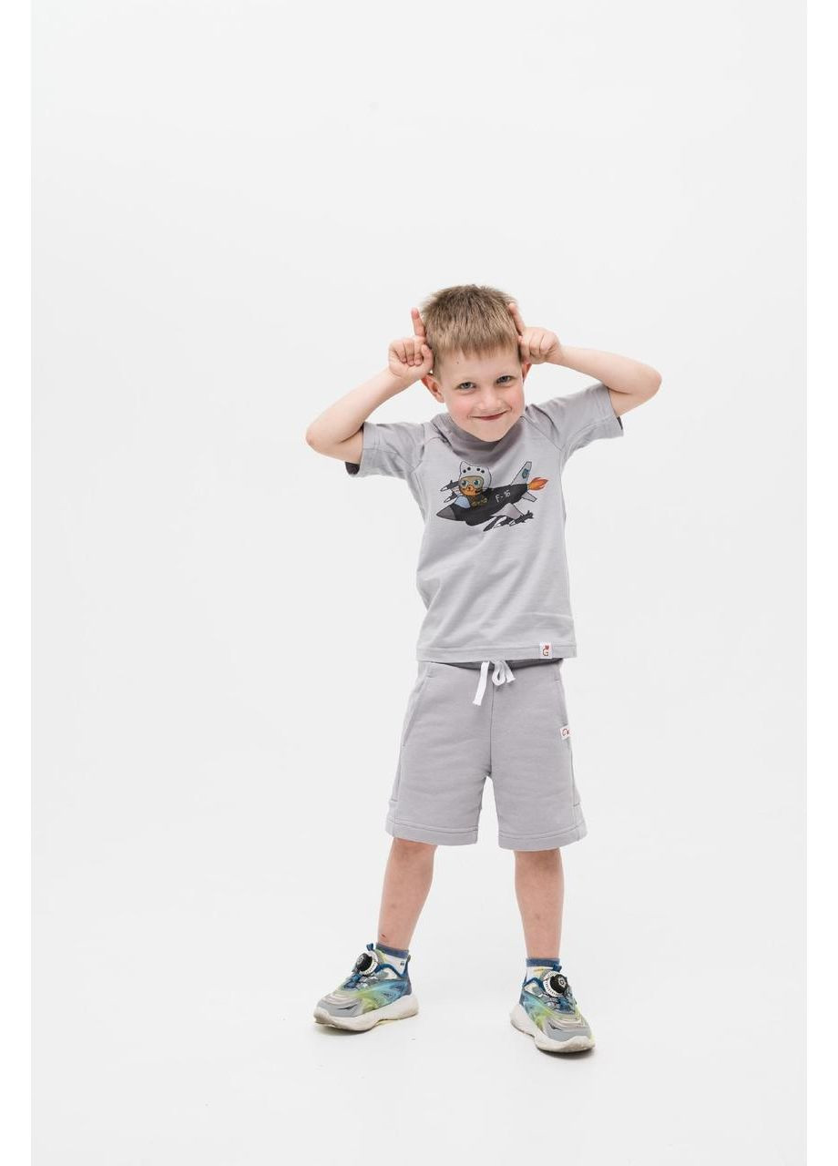Серая демисезонная летний костюм патриотический шорты+футболка с принтом котик и самолетик f-16 для мальчиков Ginger Cat