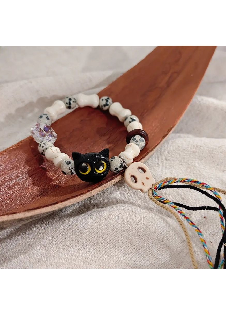 Браслет мистический унисекс с черепом и чёрным котом, ручная работа, натуральный камень и бусины, амулет на удачу No Brand (365280072)