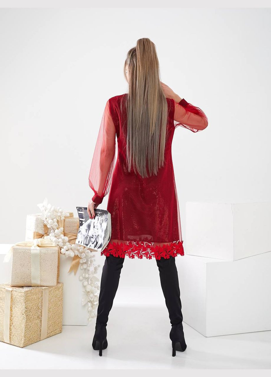 Бордовое праздничный, кэжуал, коктейльное, вечернее стильное платье с цветочным кружевом No Brand с цветочным принтом