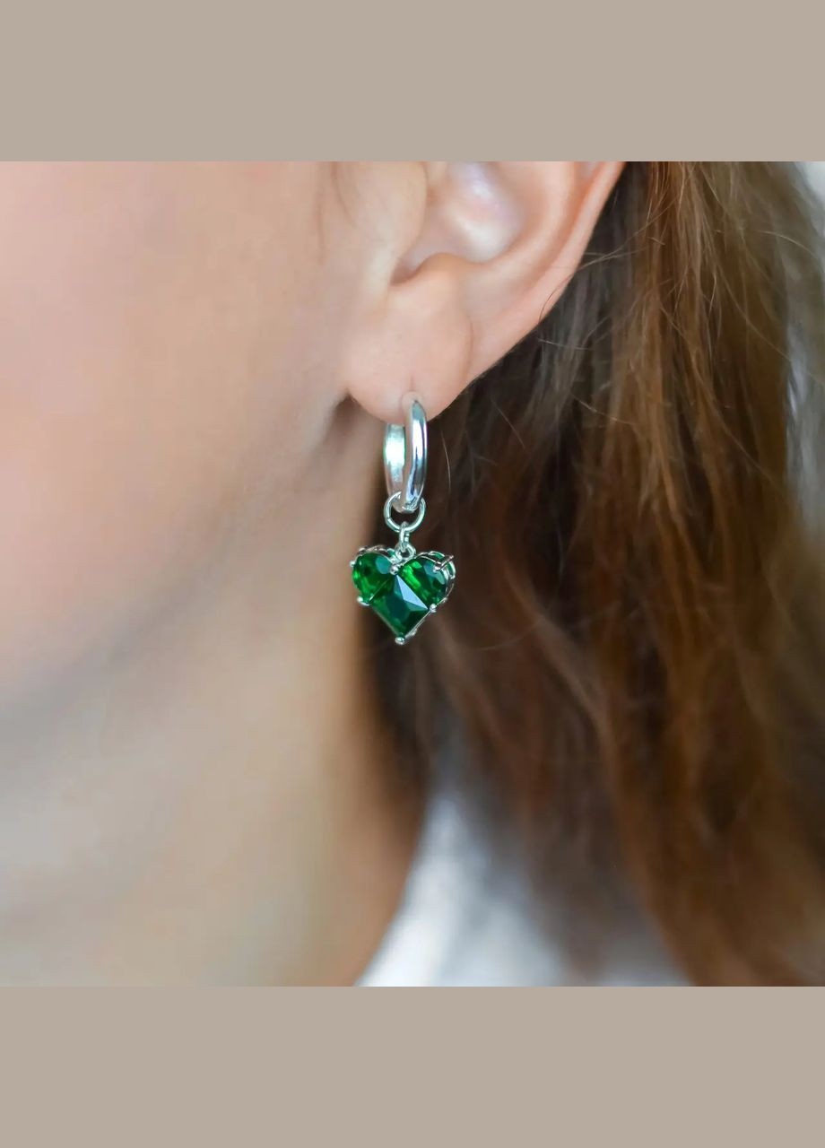 Серьги-подвески Сердце цвет зеленый, фурнитура гипоаллергенный сплав цвет серебро L-35мм No Brand Підвіски (315440132)