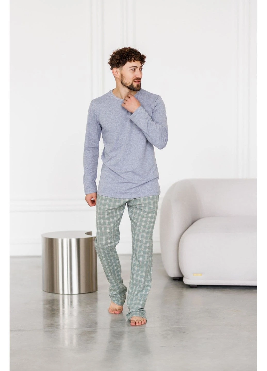 Пижама мужская лонгслив серый + штаны HOMELY в клетку зеленые Handy Wear (311314384)