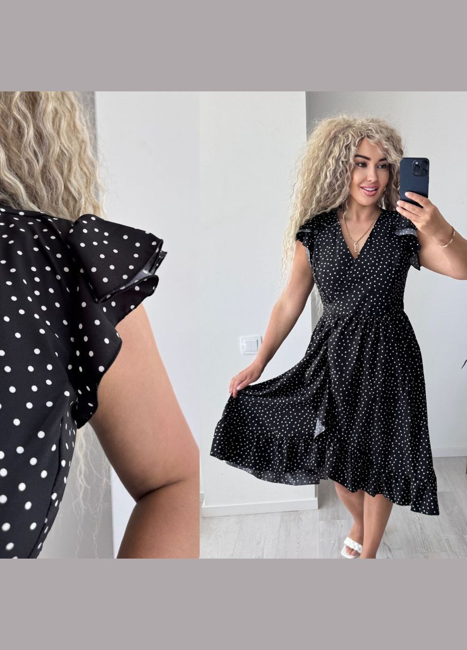 Чорна повсякденний, кежуал сукня жіноча на запах на запах Україна в горошок