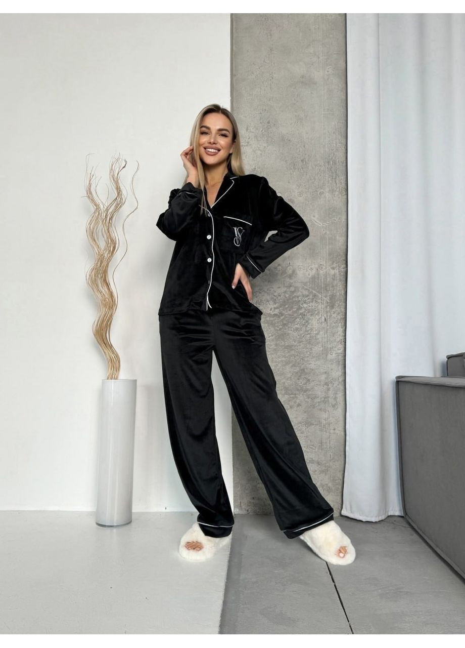 Чорна всесезон піжама з турецького велюру з вишивкою — заміри в описі GD/GL Модний простір