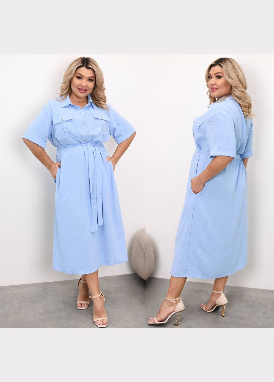 Голубое платье америк креп жатка с поясом на пуговицах No Brand