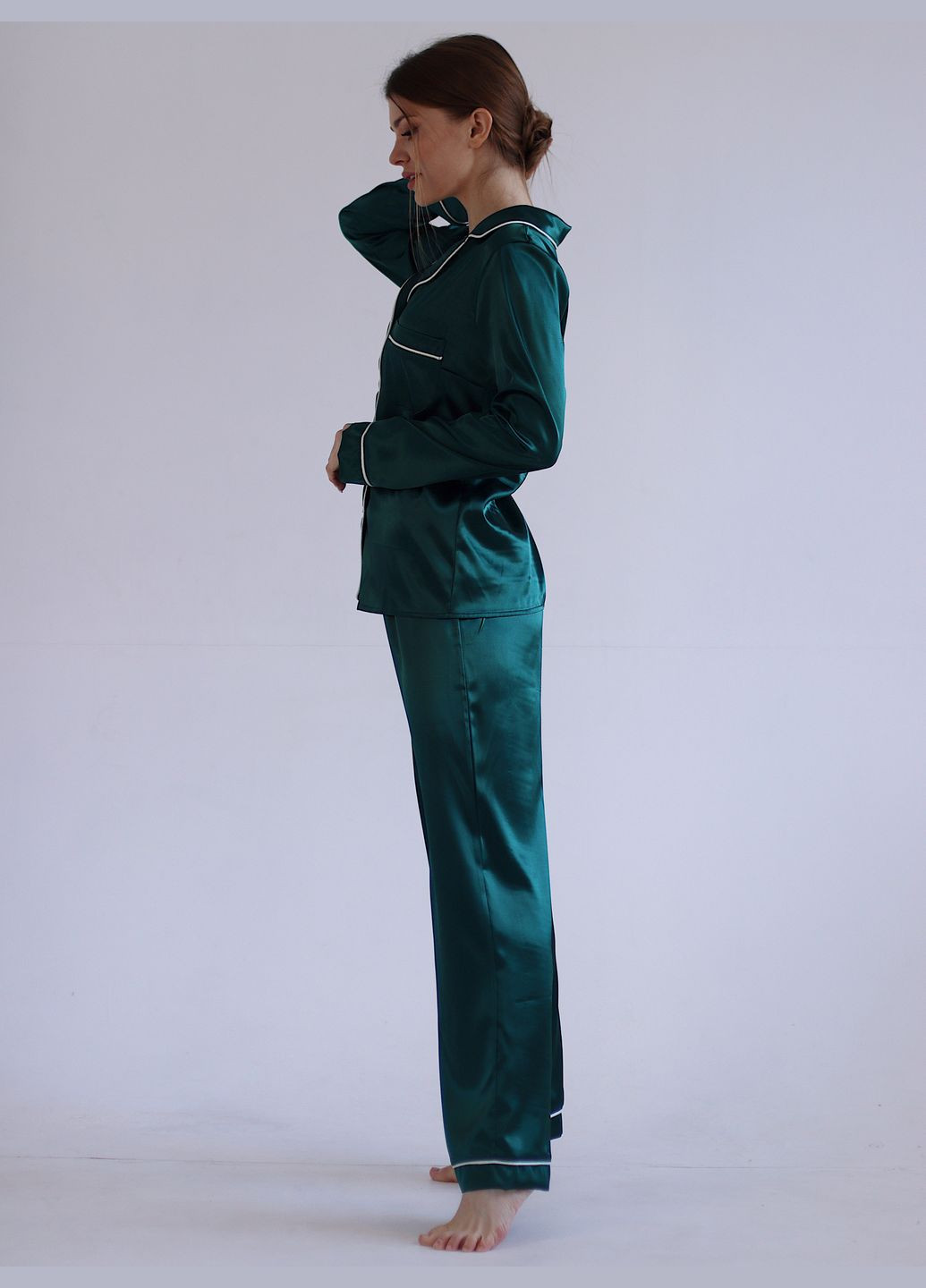 Зелена всесезон жіноча піжама шовкова з кантом (сорочка + штани) сорочка + брюки GorLin
