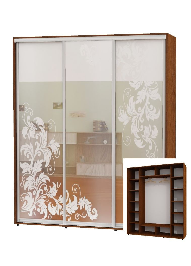 Шафа-купе тридверна 210*45*250 Горіх лісовий Дзеркало з піскострумним малюнком ШК-05 Алекса (360479212)