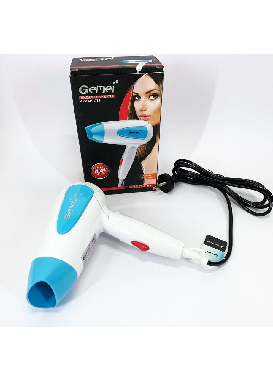 Фен для волос складной дорожный GM-1756 1200 Вт. Цвет: голубой Gemei (364663731)