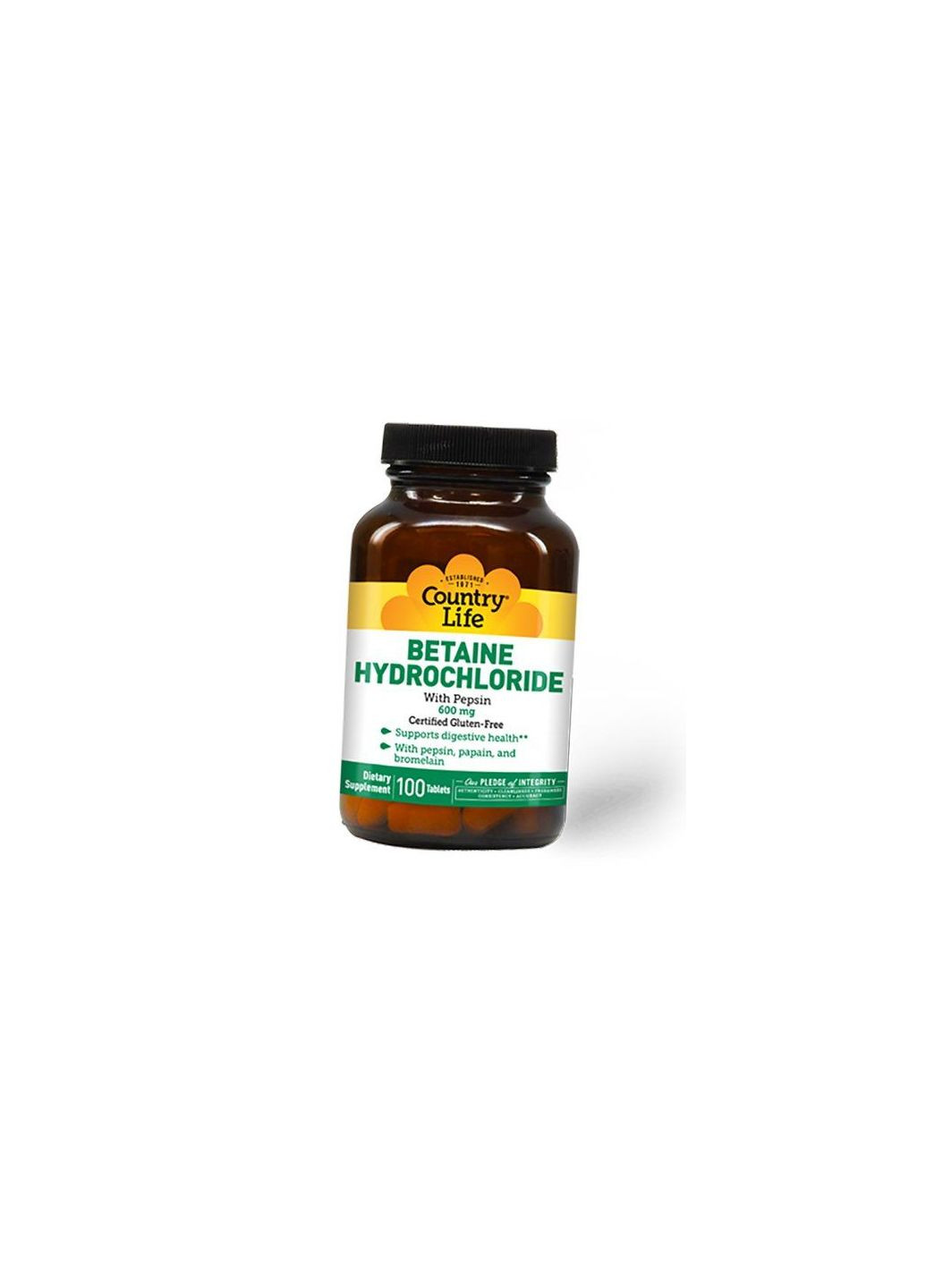 Бетаїн Гідрохлорид з Пепсином, Betaine Hydrochloride, 100таб (72124018) Country Life (322723772)