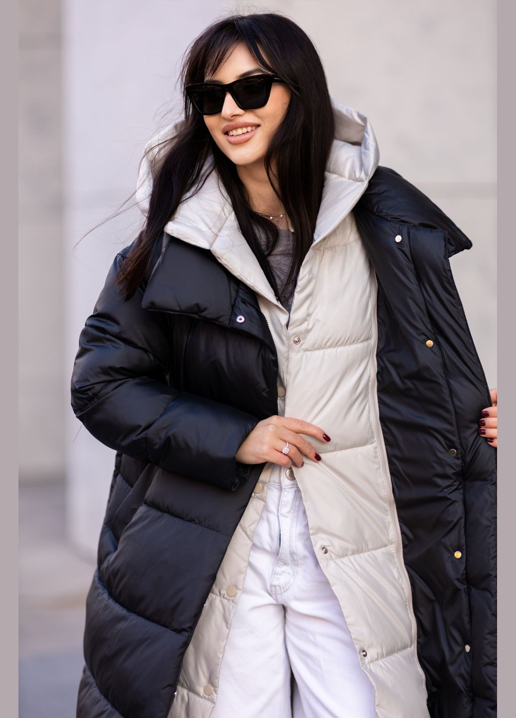 Черно-белое зимнее Женское зимнее длинное пальто трансформер 8998 трансформер Svidni