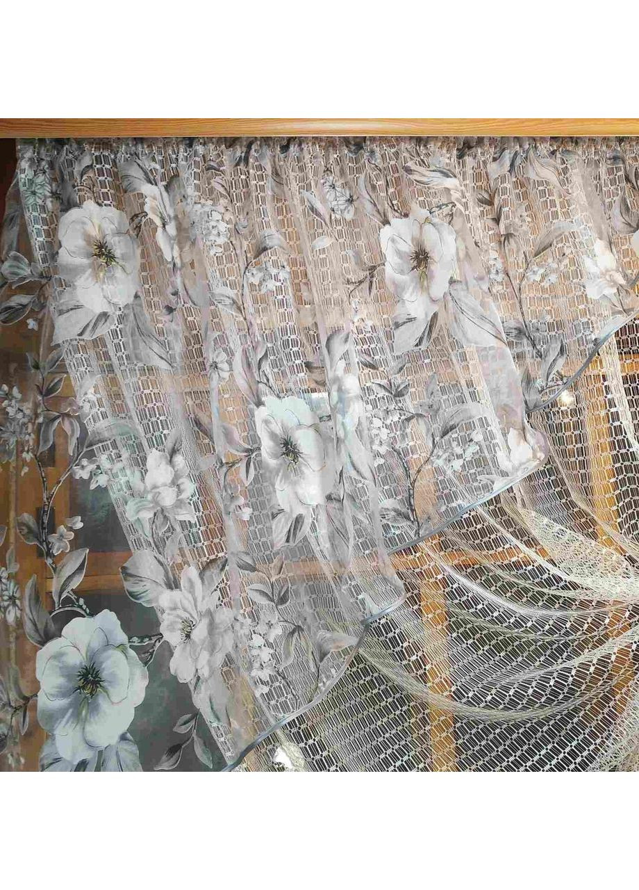 Фіранка коротка готова Фаїна молочна яблуневий цвіт сірий ліва No Brand (372133986)