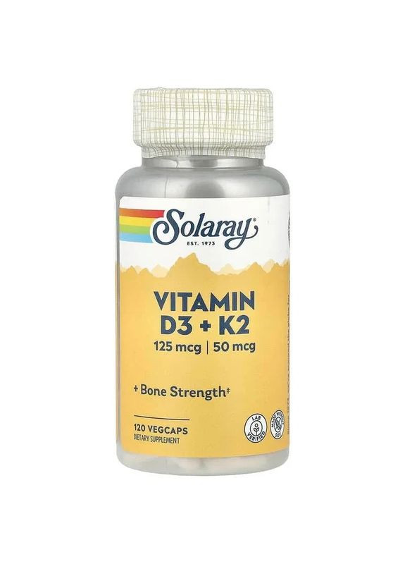 Витамины D3 5000 МЕ и К2 50 мкг Vitamin D3+K2 без сои 120 капсул Solaray (361119246)