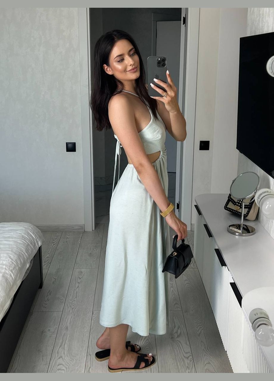 Оливкова повсякденний, святковий, коктейльна, вечірня жіноча сукня з льону на зав'язках Avanti однотонна