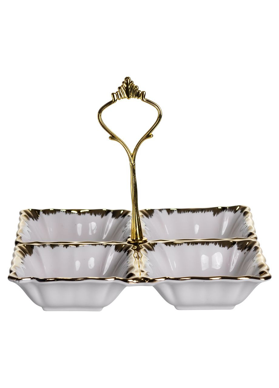 Менажниця порцелянова на 4 секції для закусок тарілка менажниця 18×18×3 (см) менажниця з ручкою Білий з золотом LC-BYL-100 Yiwu (370800616)