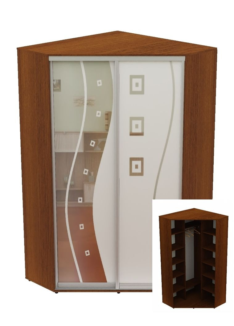 Шкаф-купе двухдверный угловой 120*120*250 Орех лесной Зеркало с пескоструйным рисунком Угол-2 Алекса (360452247)