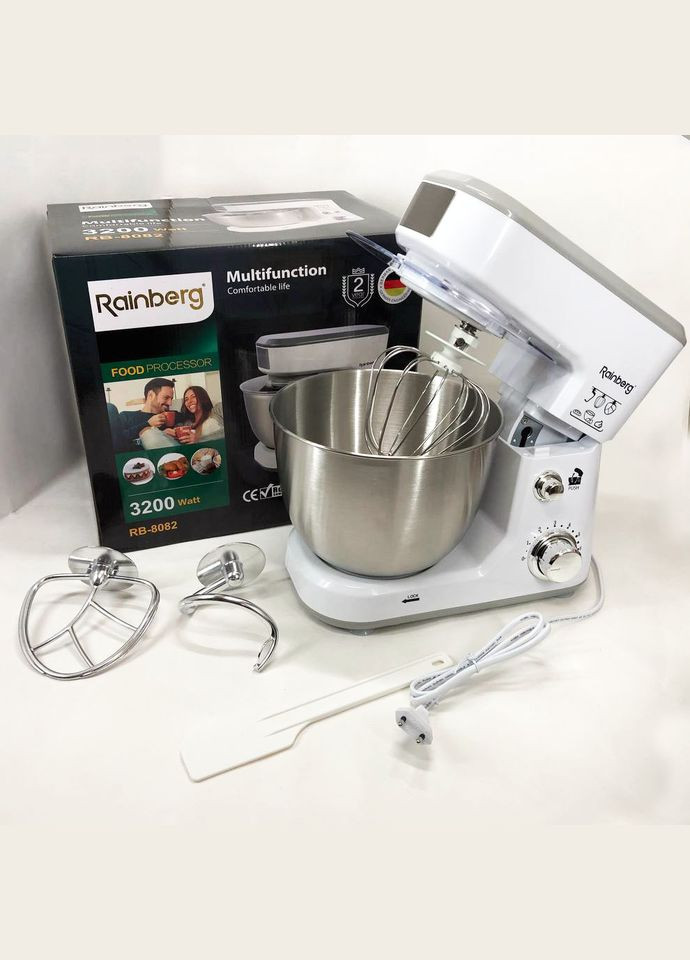 Кухонний комбайн RB-8082 3200 Вт, Планетарний міксер-тестоміс з чашею 5л, 3 насадки, 6 швидкостей Rainberg (364663972)