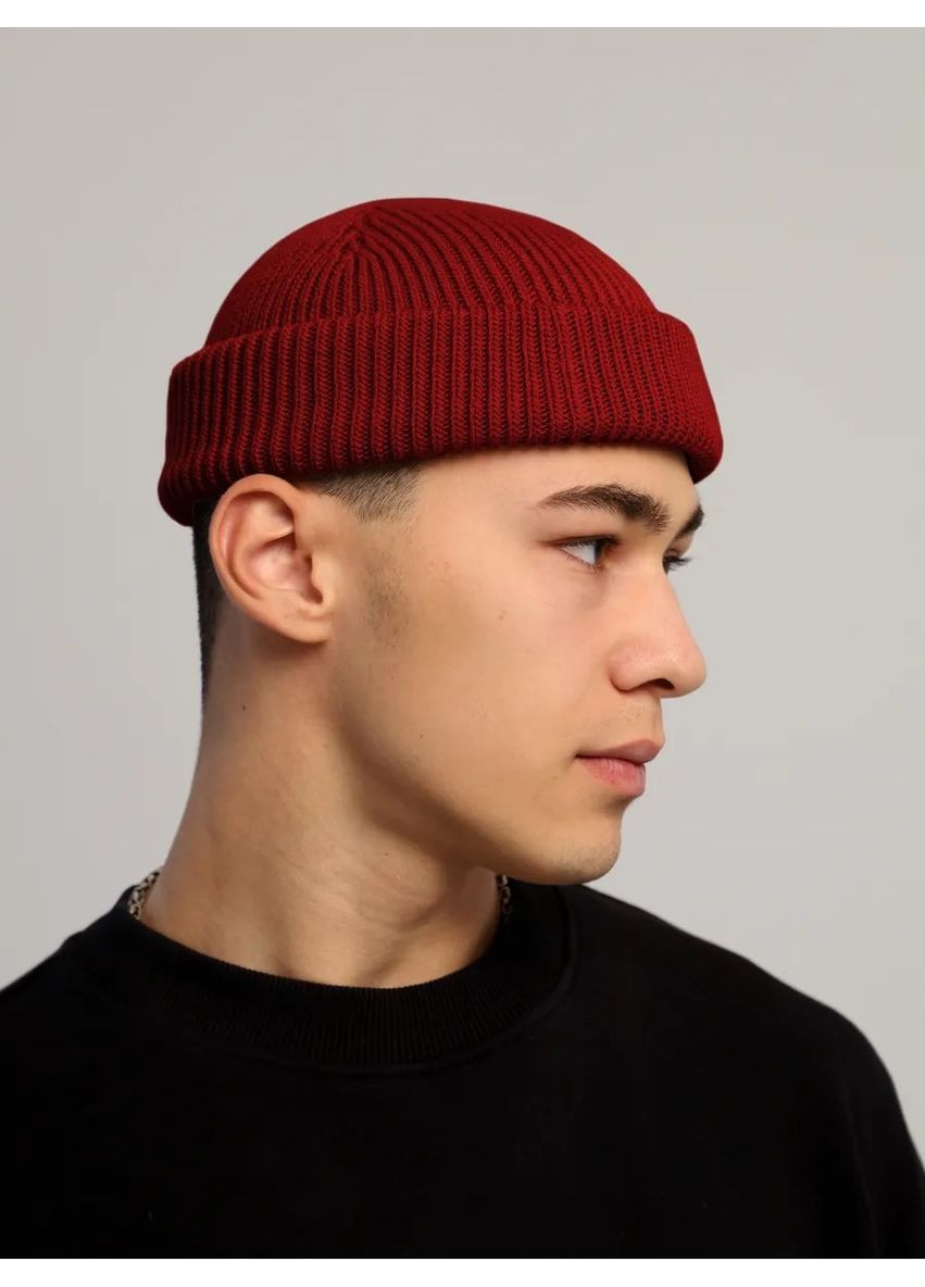 Унисекс шапка мини-бини с отворотом двойная вязка, универсальный размер STD (366343571)