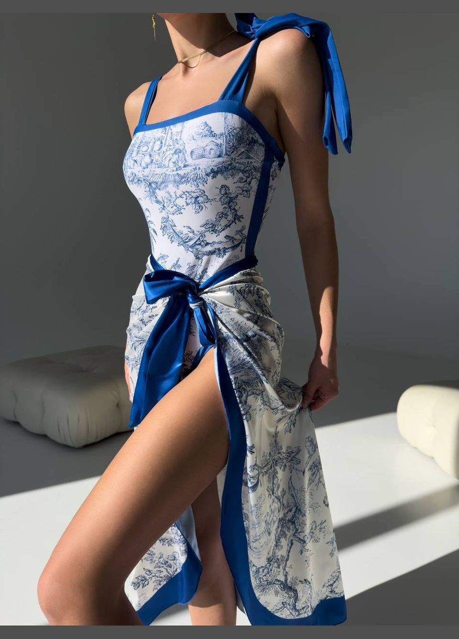 Комбинированный летний изысканный купальник в комплекте с парео слитный No Brand