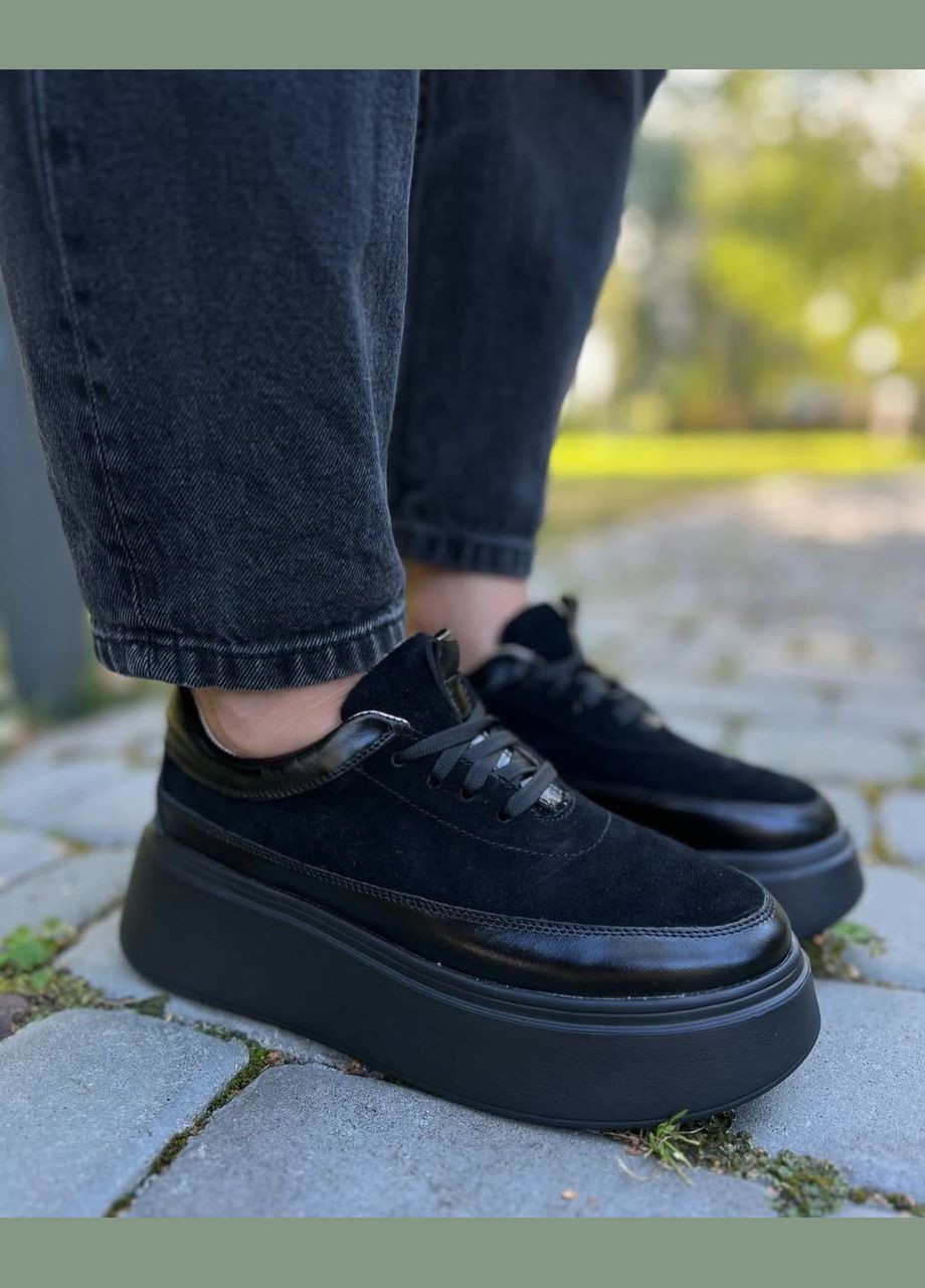 Черные женские кроссовки кеды из натуральной замши на массивной подошве (1628) No Brand