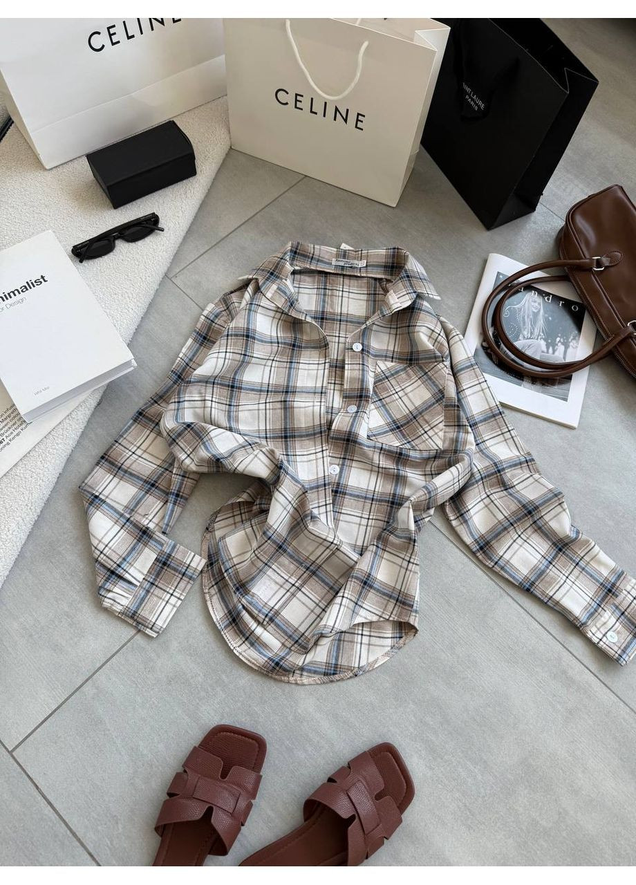 Бежевая спортивная, повседневный, кэжуал рубашка в клетку No Brand с длинным рукавом