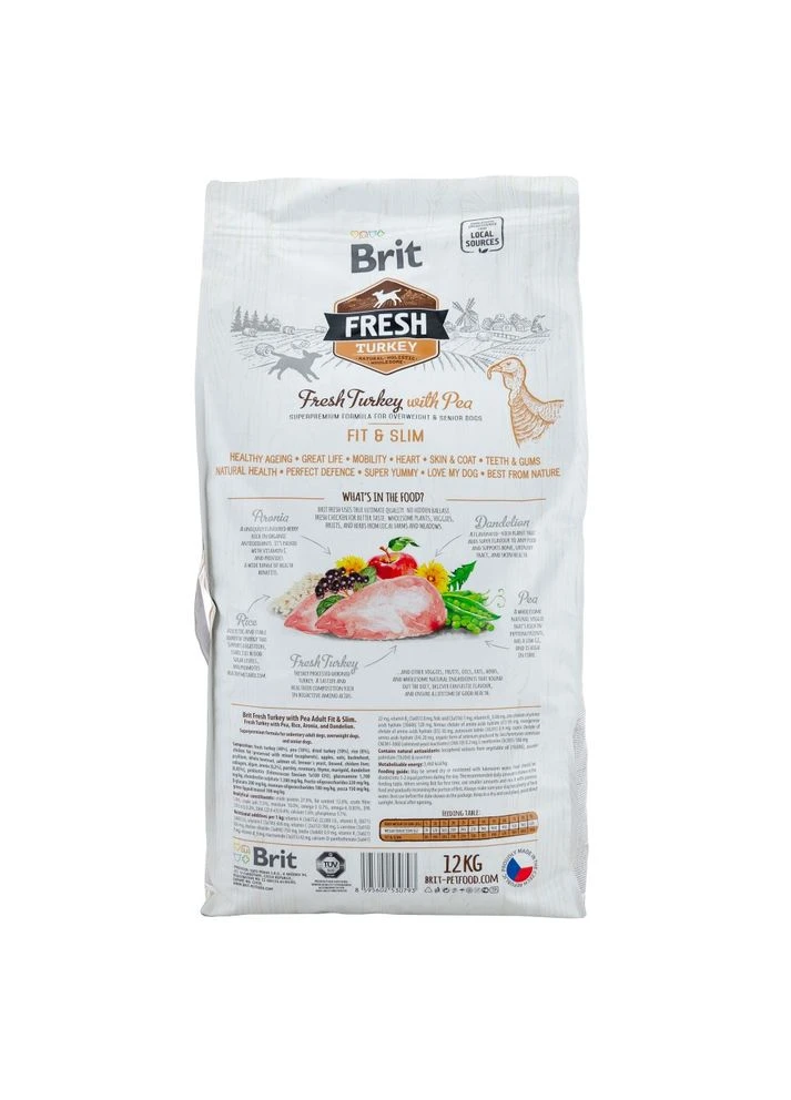 Корм сухий Turkey/Pea Fit and Slim для собак похилого віку і зайвою вагою з індичкою та горохом 12 кг Brit Fresh (393977541)