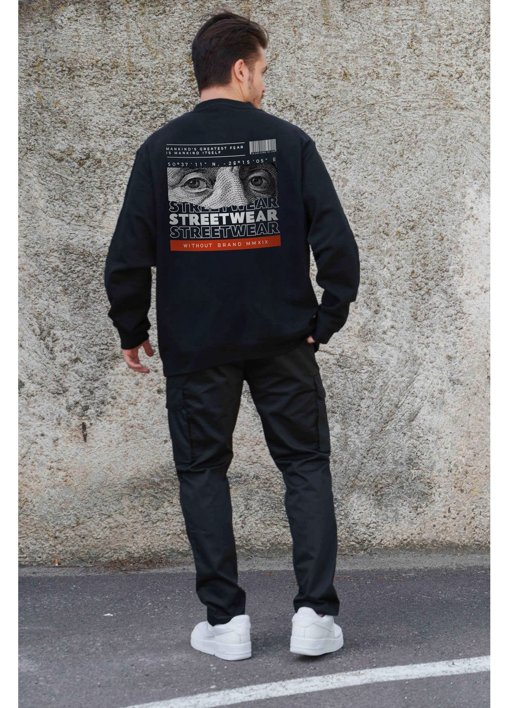 Черный мужской утепленный оверсайз свитшот на флисе с принтом streetwear Without однотонный без декора (361057455)