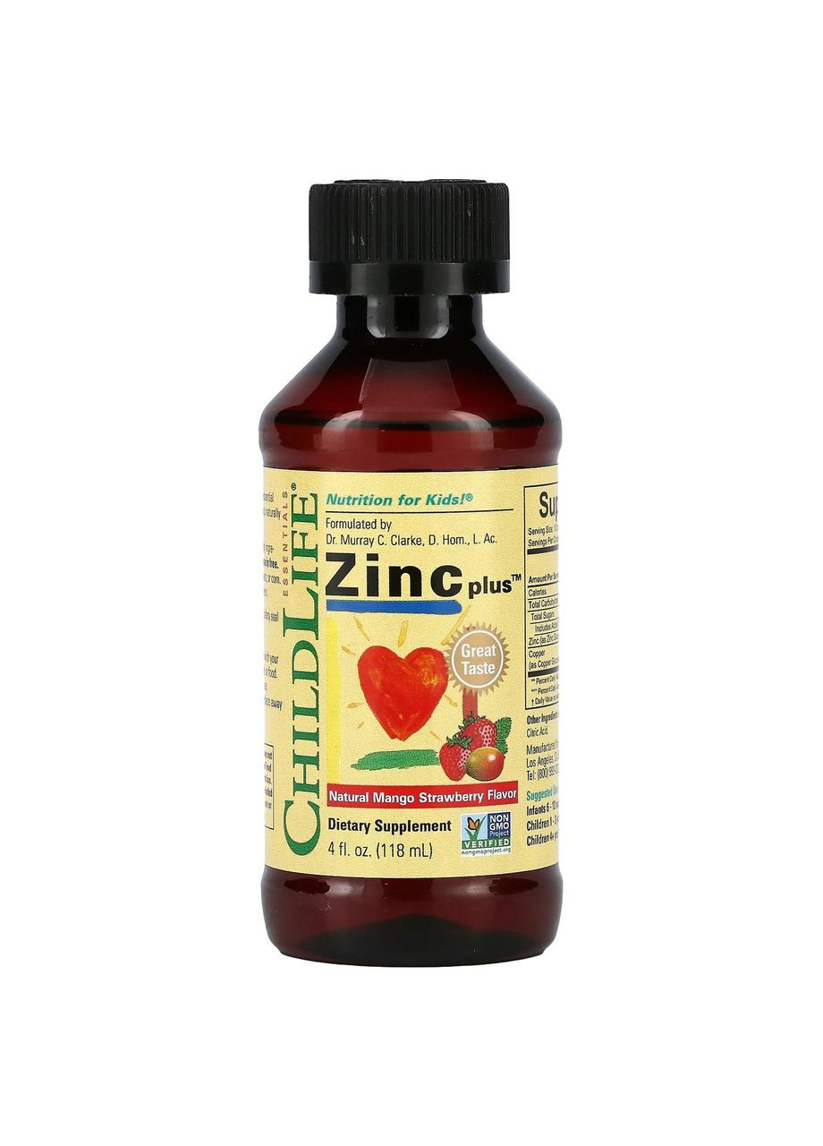 Жидкий Цинк для детей с 6 месяцев Essentials Zinc Plus натуральный вкус манго и клубники 118 мл ChildLife (269243711)