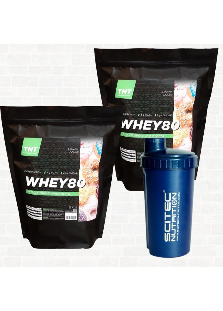 Акційний комплект для набру м'язової ваги: Whey 80 Протеїн зі смаком БАнан 2 упаковки по 2 кг і Шейкер у Подарунок! TNT (372445082)