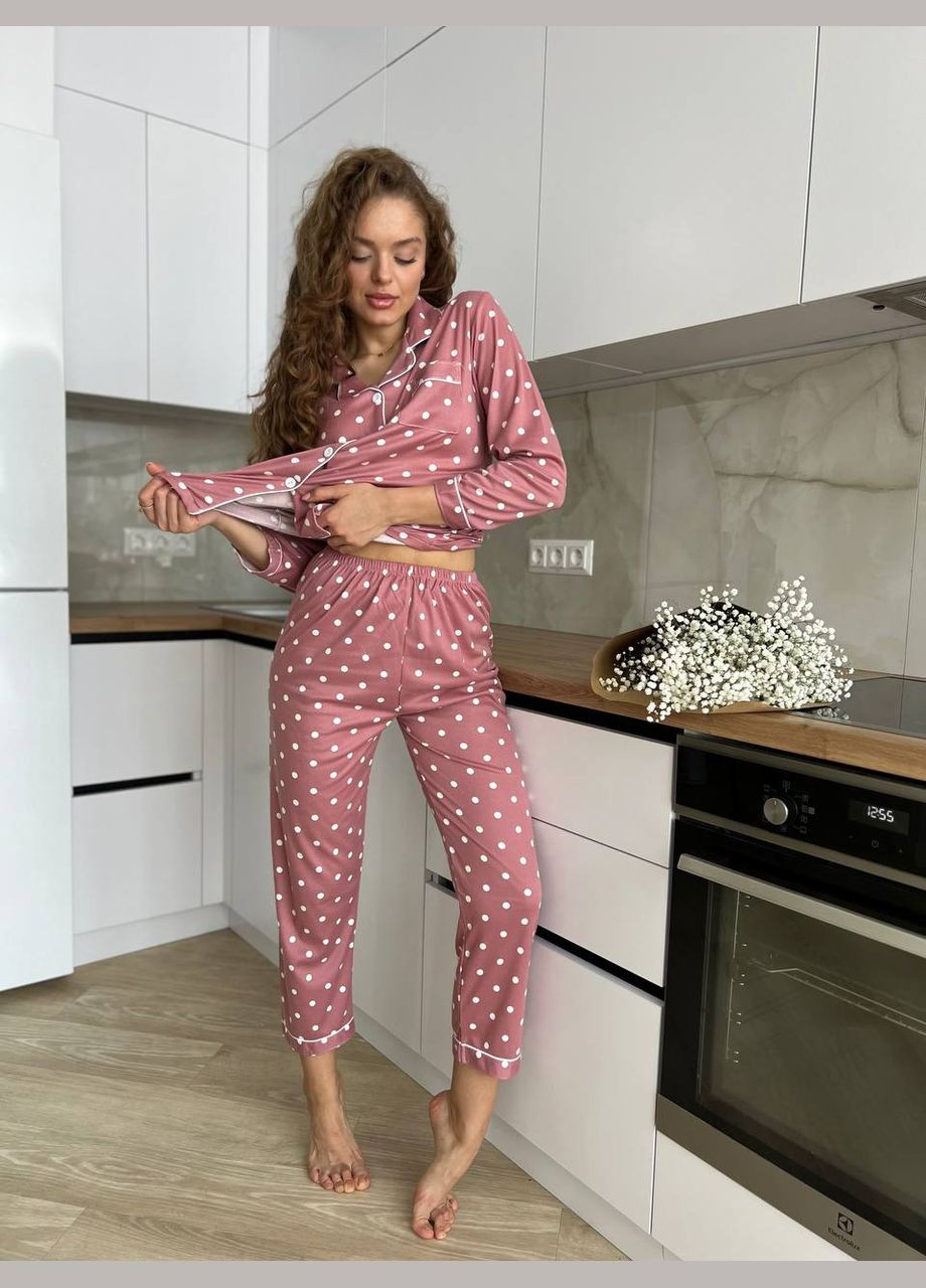 Рожева всесезон жіноча рожева в горошок сорочка + брюки No Brand піжама