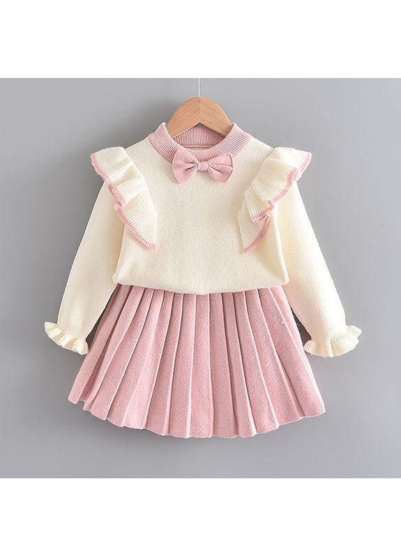 Розовый демисезонный костюмчик для девочки, вязаный теплый кофта и юбочка. No Brand