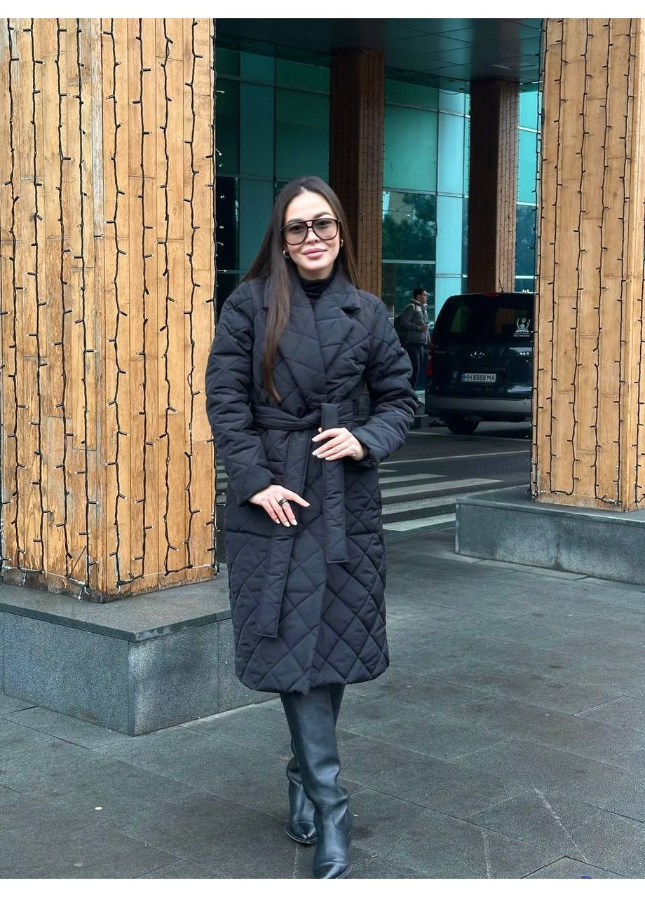 Чорне демісезонне Пальто жіноче на запах із плащівки Емми — матове, з синтепоном 150 (заміри в описі) DK/DL Мода без кордонів