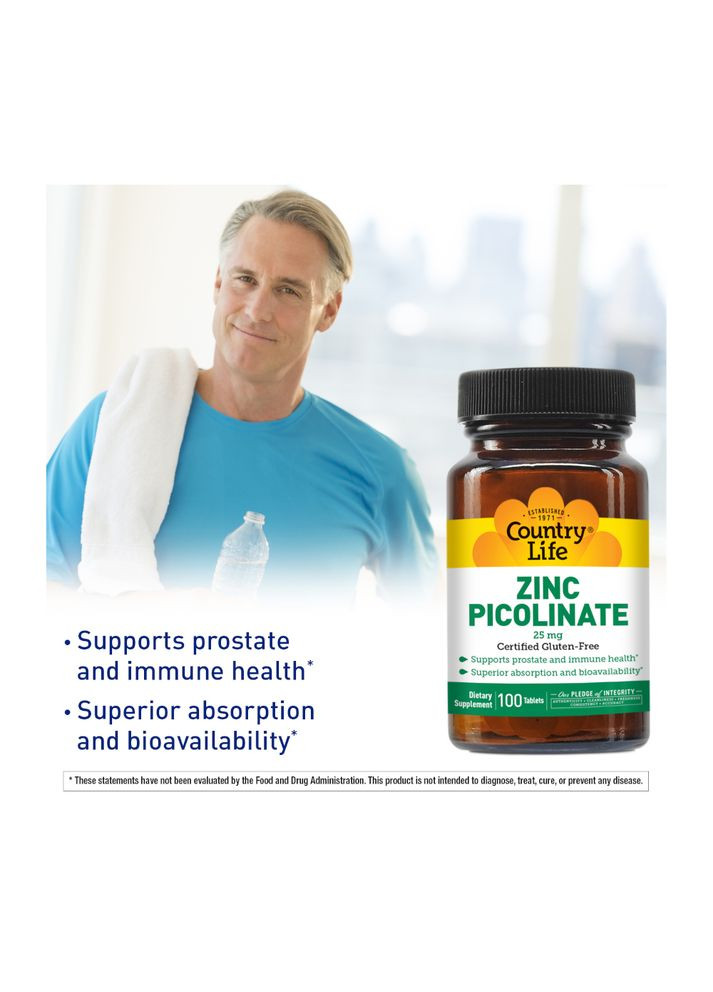 Витамины и минералы Zinc Picolinate 25 mg, 100 таблеток Country Life (322292032)