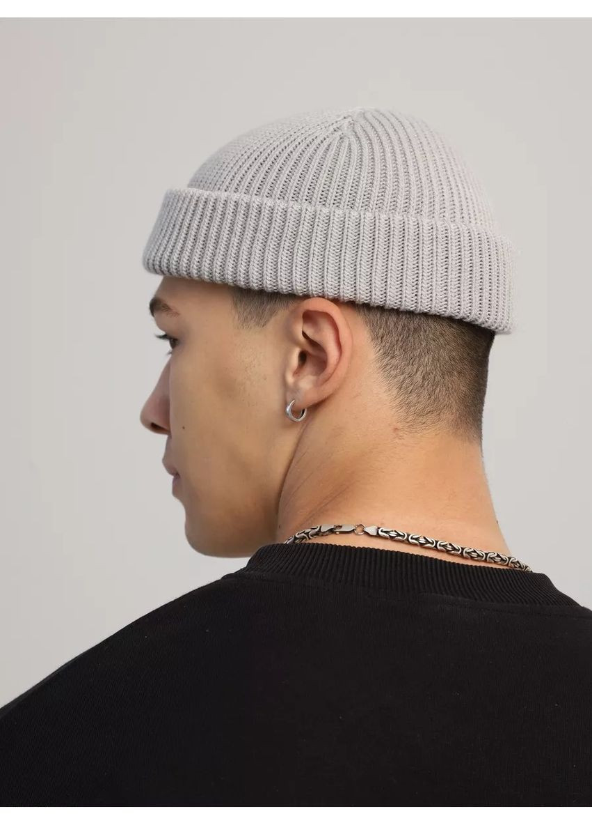 Унисекс шапка мини-бини с отворотом двойная вязка, универсальный размер STD (366343565)